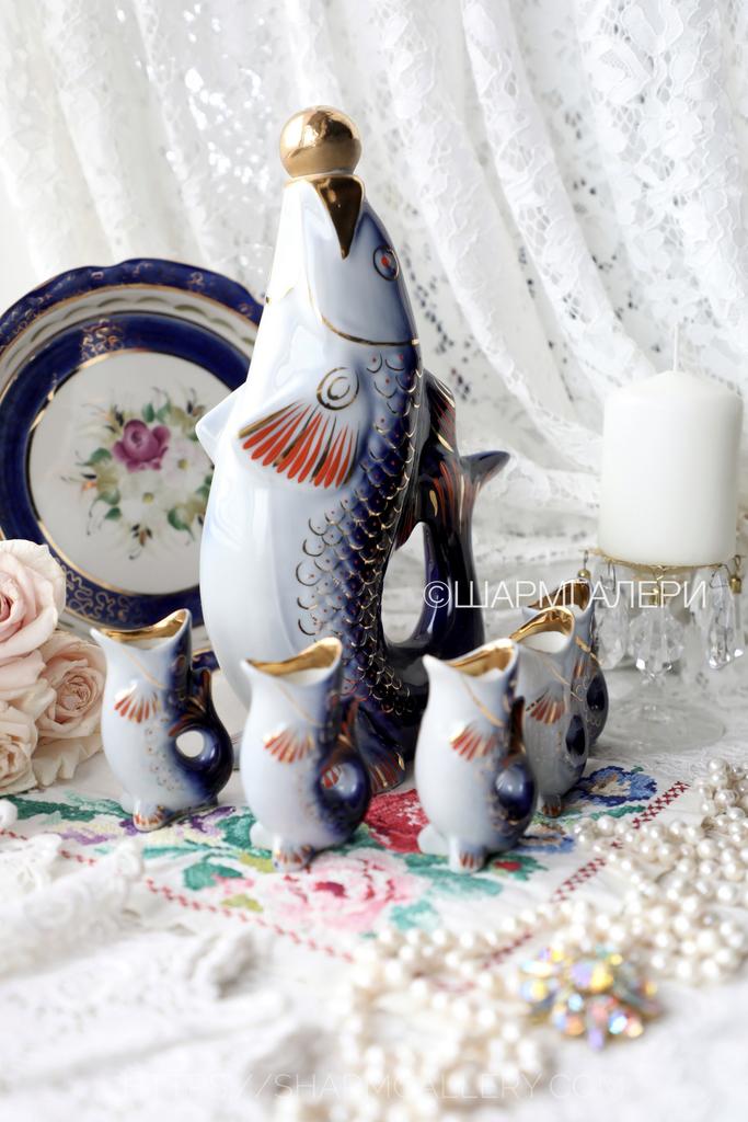 Набор для крепких напитков Графин/штоф Рыба с рюмками рыбками «Семейство карпов» фарфор Городница, СССР. Уценка!