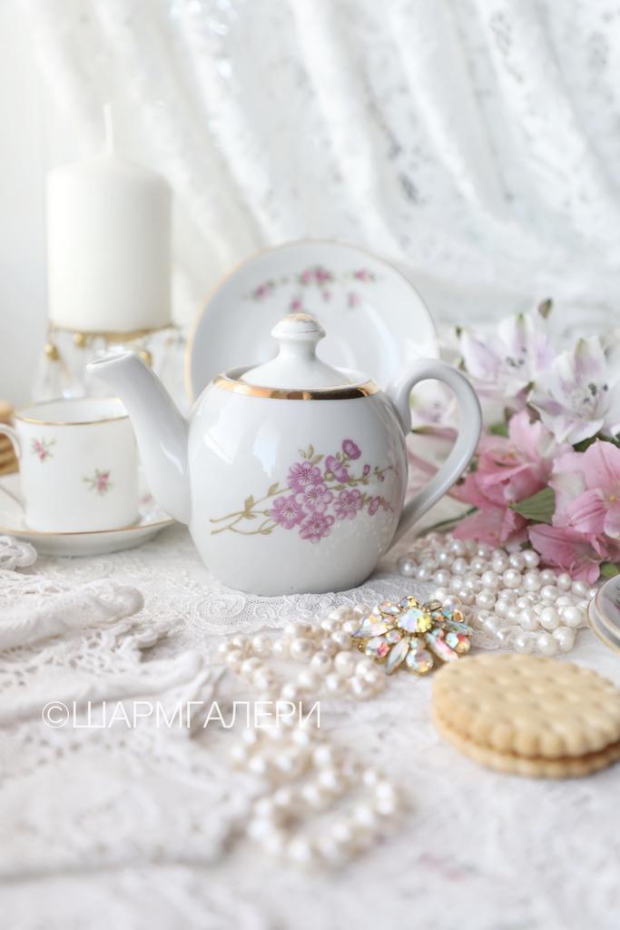 Мини чайник на одну чашку «Розовая ветка» фарфор Дулево, СССР.
