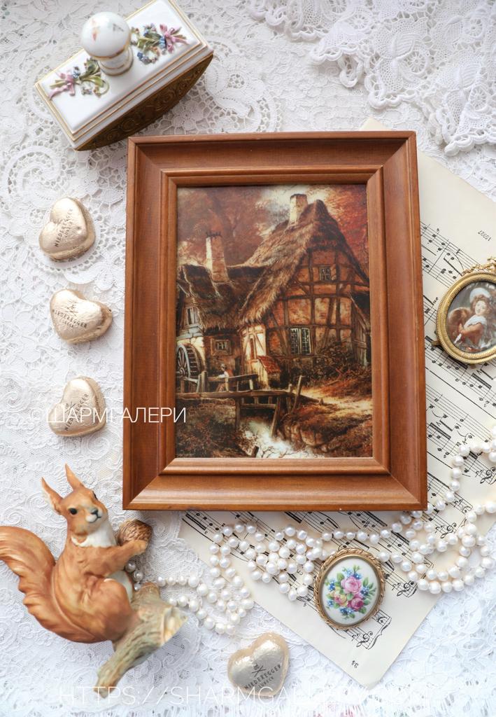 Картина на фарфоре в деревянной раме «Осень в деревне» фарфор Wallendorf Валендорф Германия.