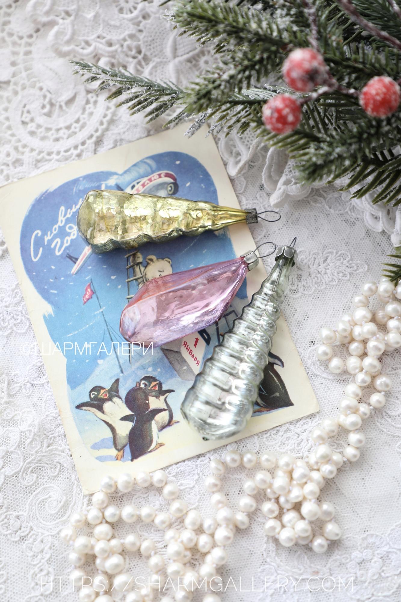 Набор советских елочных игрушек «Льдинки» №6 стекло, СССР