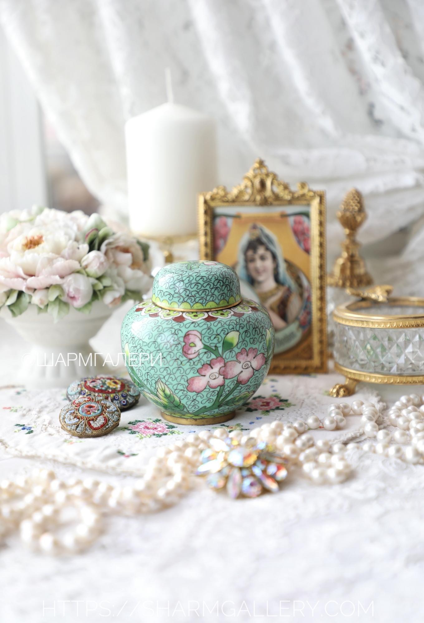 Антикварная бирюзовая баночка/чайница Клуазоне перегородчатая эмаль, старый Китай.