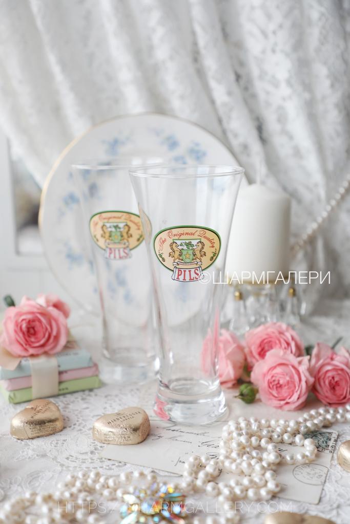 Пара высоких бокалов для пива «Pils» стекло Франция 1990гг.