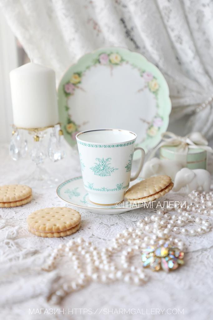 Кофейная пара "Бирюзовые букеты" костяной фарфор ЛФЗ, СССР. Знак качества!