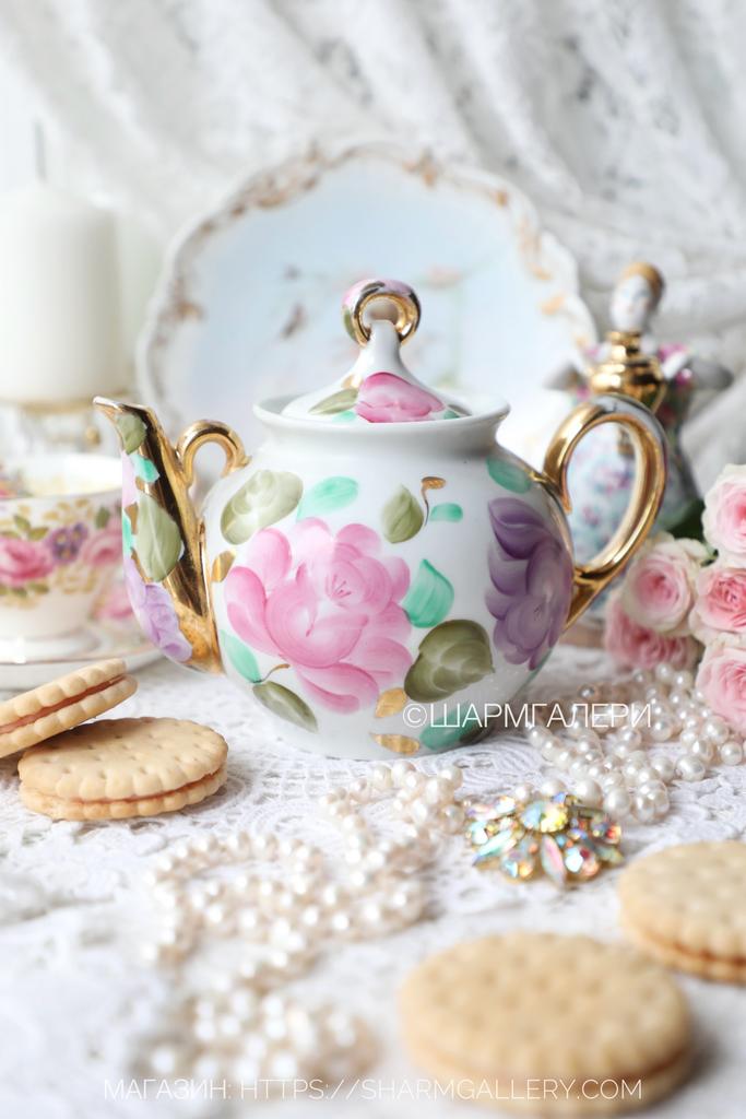 Заварочный чайник «Роза» 500мл роспись, фарфор Сысерть (Сысертский завод керамических изделий) СССР