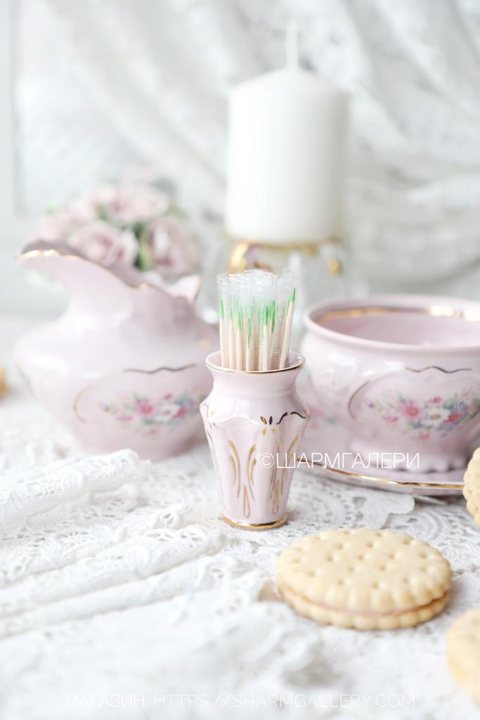 Редкость! Подставка для зубочисток «Золотой узор» розовый фарфор Haas and Czjzek Чехия.