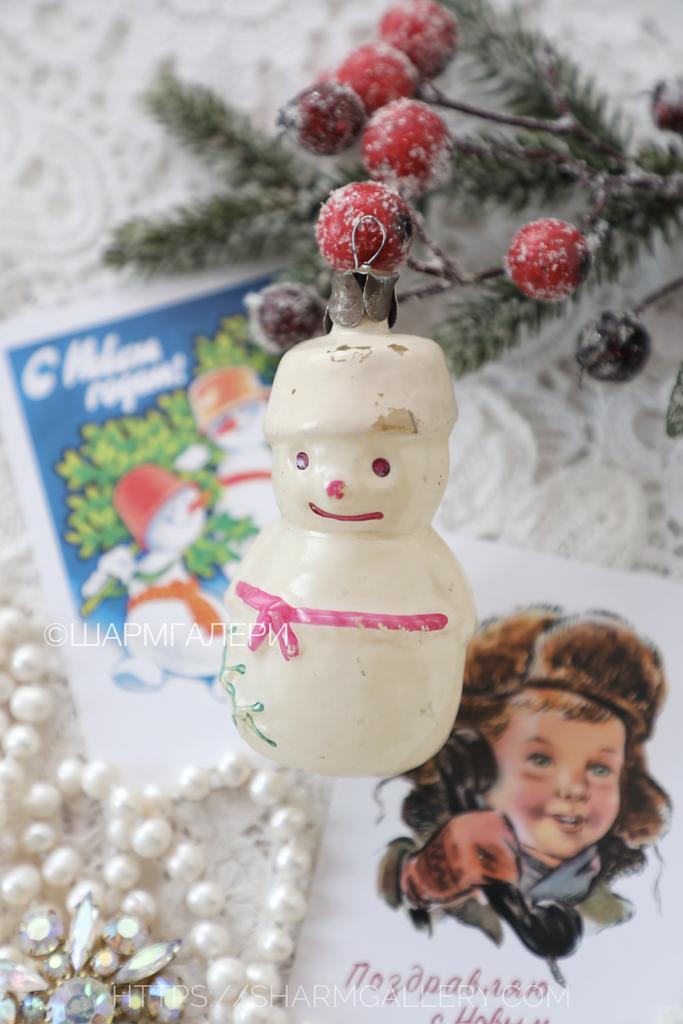 Редкость! "Снеговик" старинная елочная игрушка, стекло на подвесе, СССР №252