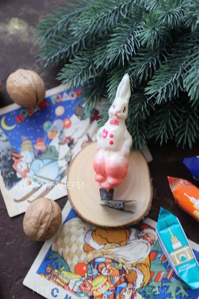 "Заяц в жилетке" редкий раскрас! советская коллекционная елочная игрушка, стекло на прищепке, СССР. №286