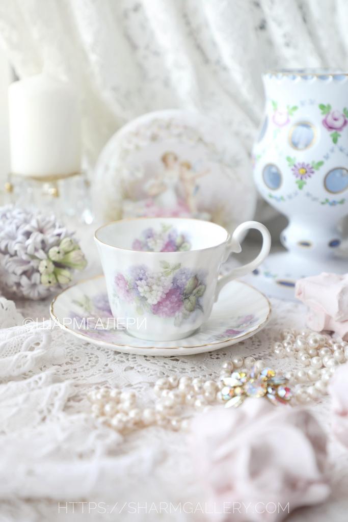 Чайная пара “Сирень” костяной фарфор CROWN VICTORIAN/Викторианская корона, Англия.