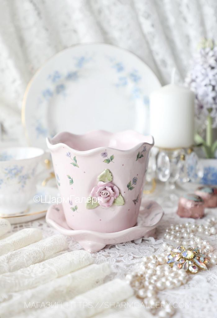 Фарфоровый розовый горшок для цветов «Роза» с поддоном на ножках, роспись, Англия. №7