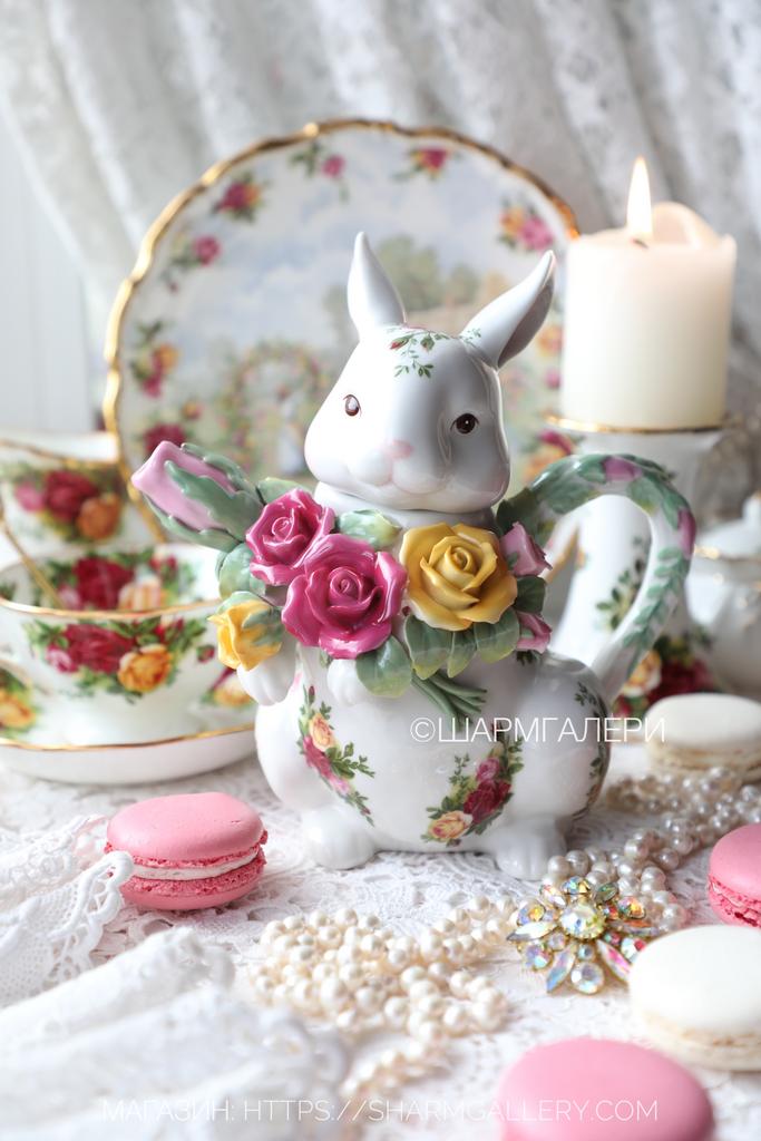Редкость! Заварочный чайник «Заяц» пасхальная коллекция Old Country Roses костяной фарфор Royal Albert Англия.