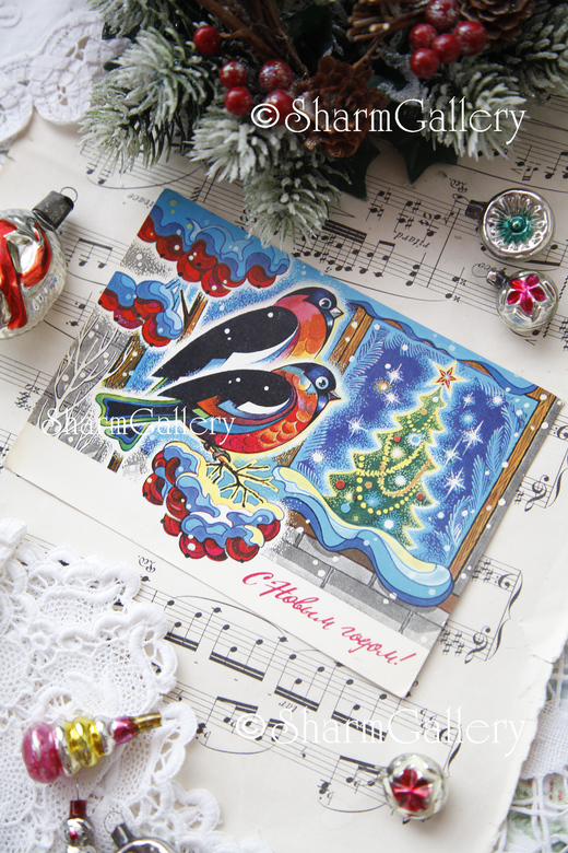 Новогодняя открытка "Снегири". СССР. Художник А.Жребин 1975г.