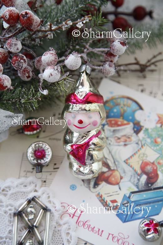 Петрушка/Скоморох с балалайкой. Елочная игрушка, стекло, СССР.