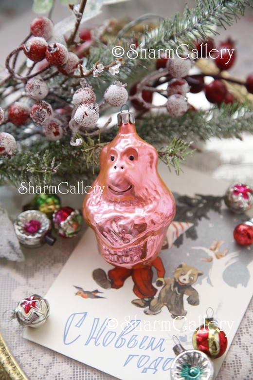 "Обезьяна". Елочная игрушка, стекло, СССР.