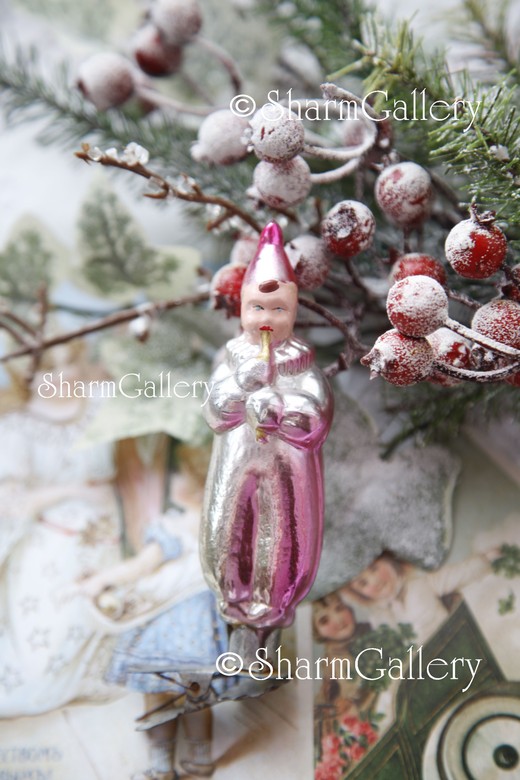 Клоун с дудочкой. №11. Елочная игрушка на прищепке, СССР.