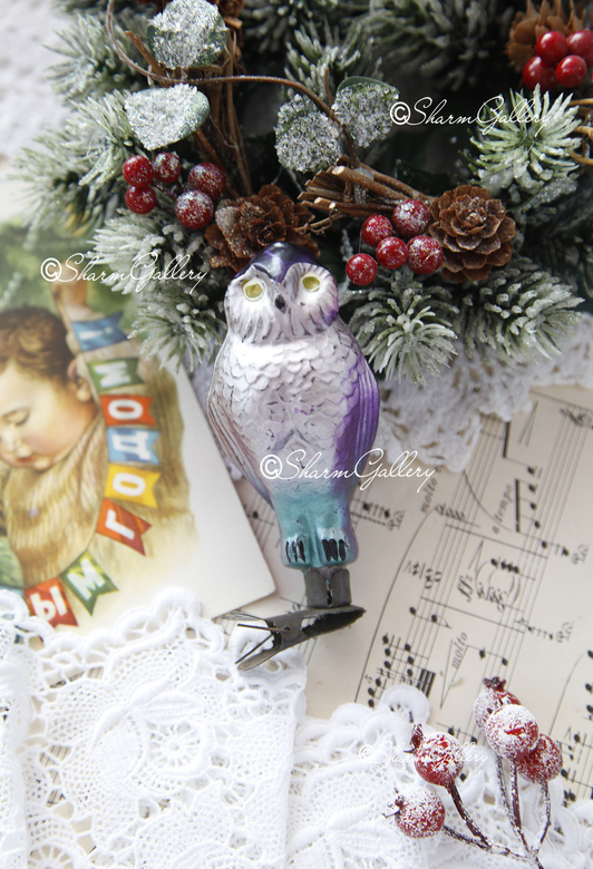 Сова (фиолетовая). №3. Елочная игрушка, стекло на прищепке, СССР.