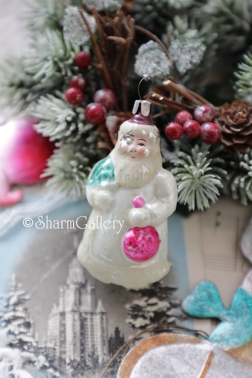 "Дед Мороз". Елочная игрушка, стекло, СССР.