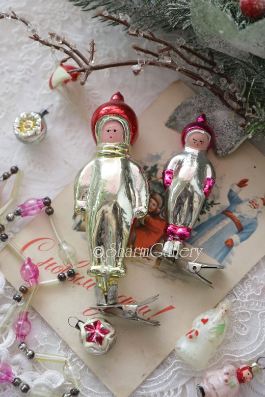 Набор №22. Космонавты, 2шт. Елочная игрушка, стекло на прищепке, СССР.