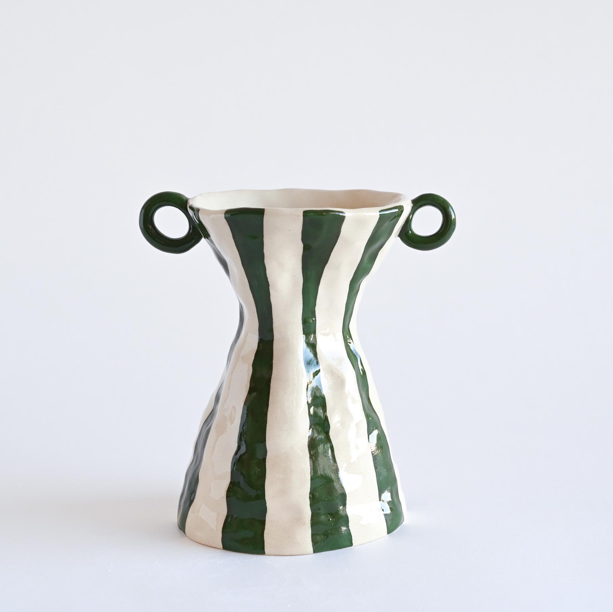 Handmade ceramic vase with white and green stripes