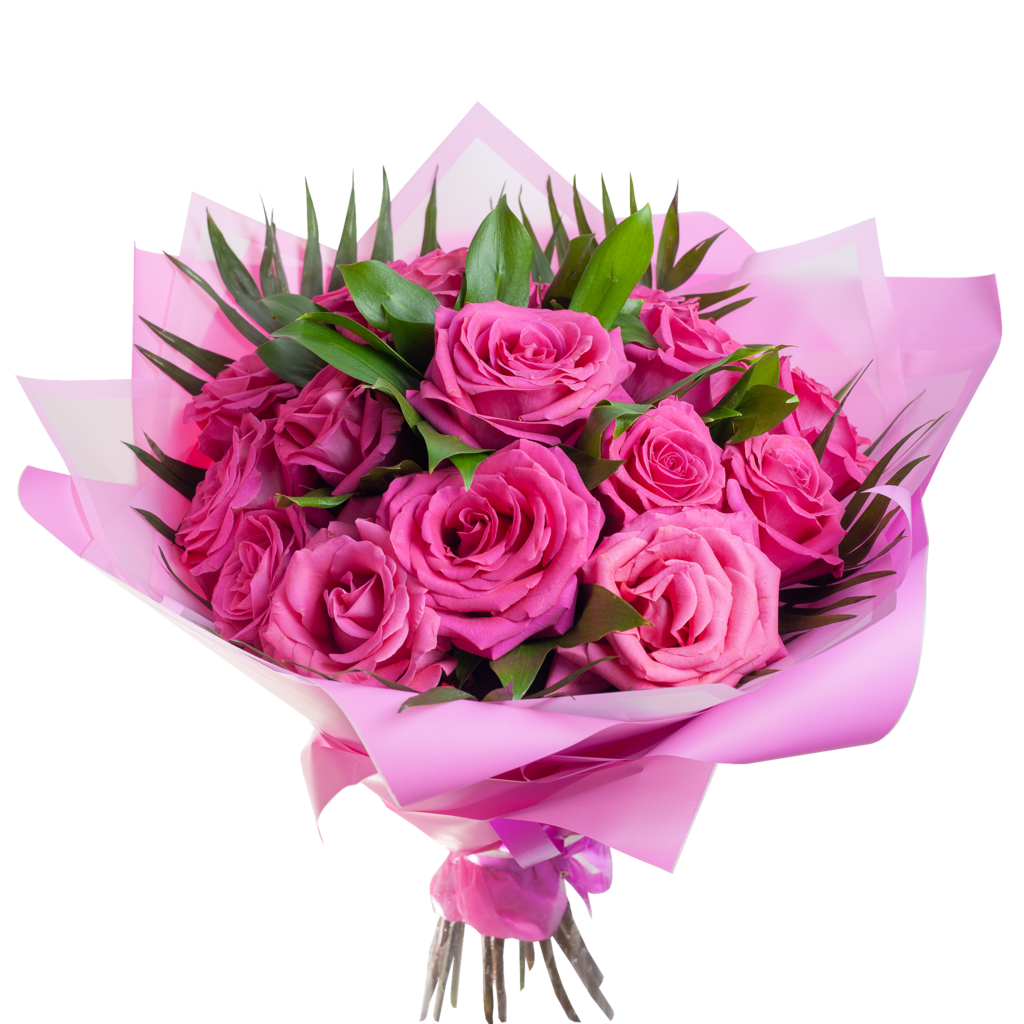 Букет из 19 розовых роз с зеленью