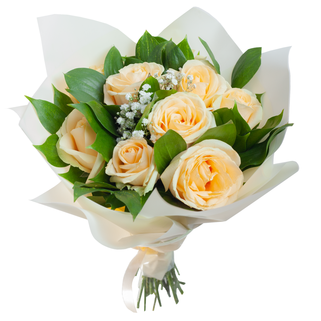 Букет из персиковых роз с гипсофилой и зеленью