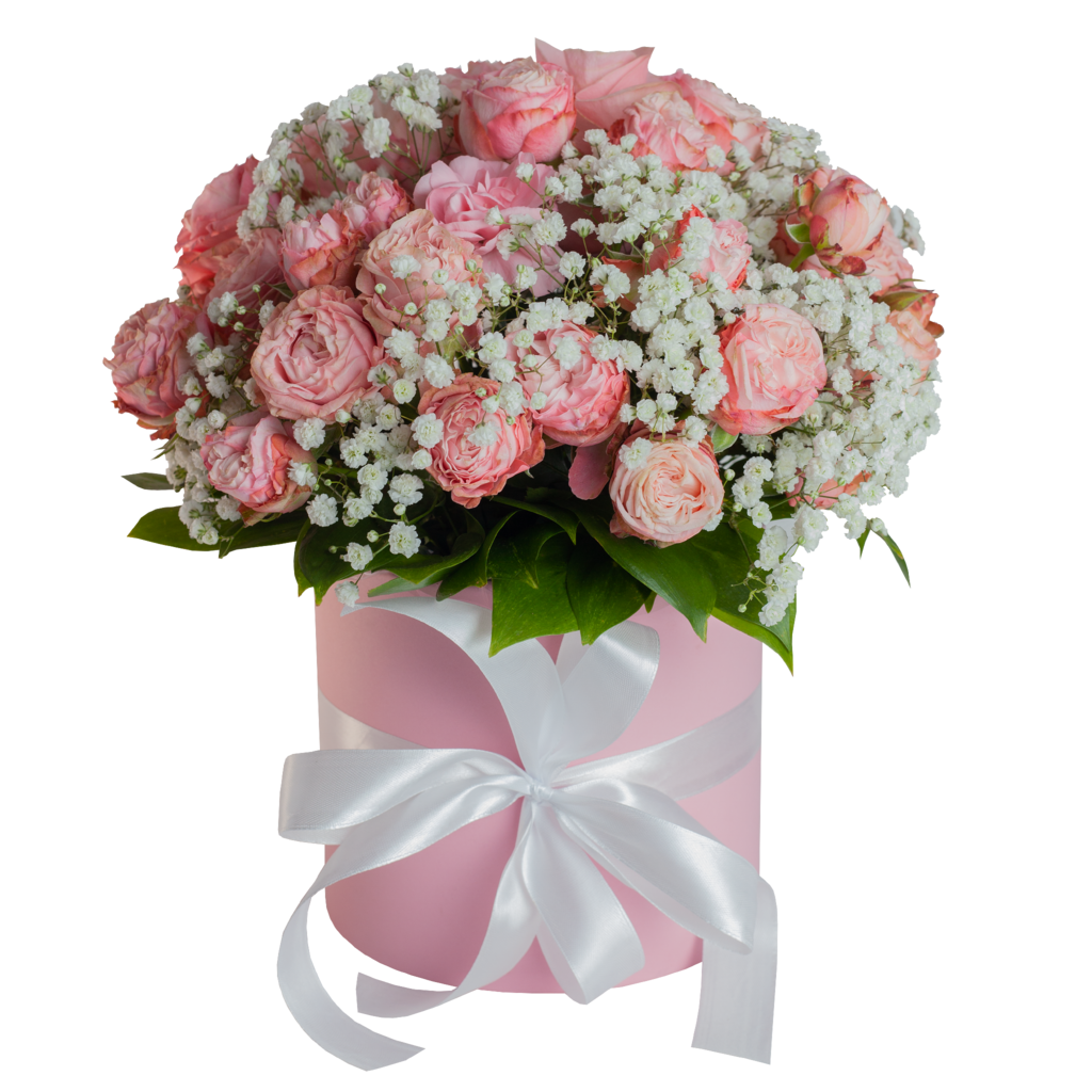 Композиция с кустовыми розами и гипсофилой