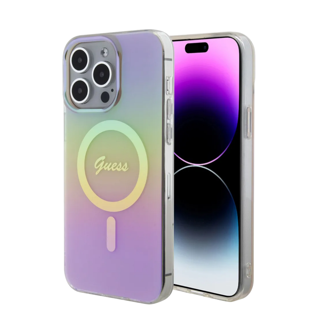 Чехол для iPhone Guess Script printed logo Hard Iridescent  (MagSafe) розовый
