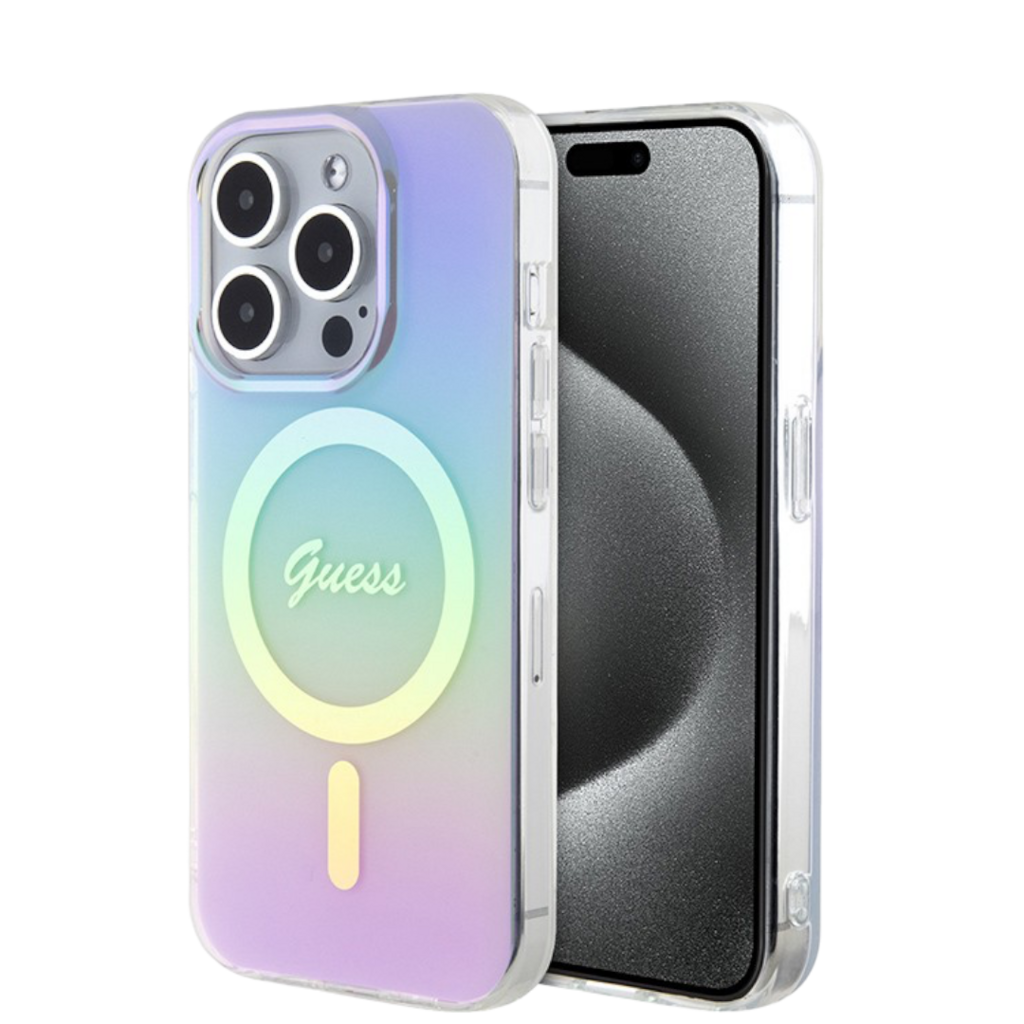 Чехол для iPhone Guess Script printed logo Hard Iridescent  (MagSafe) фиолетовый