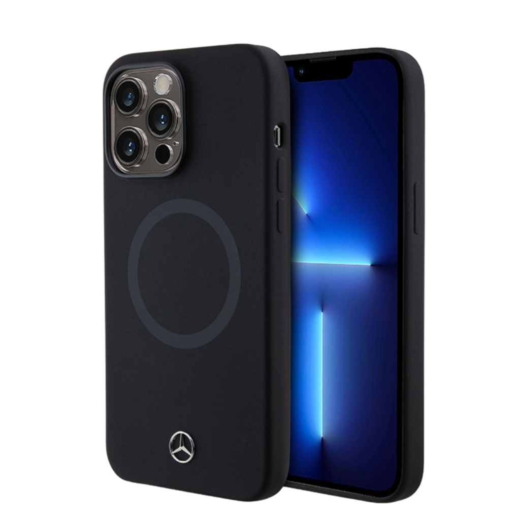 Чехол для iPhone Mercedes Liquid silicone Bicolor Laser Ring с MagSafe, черный