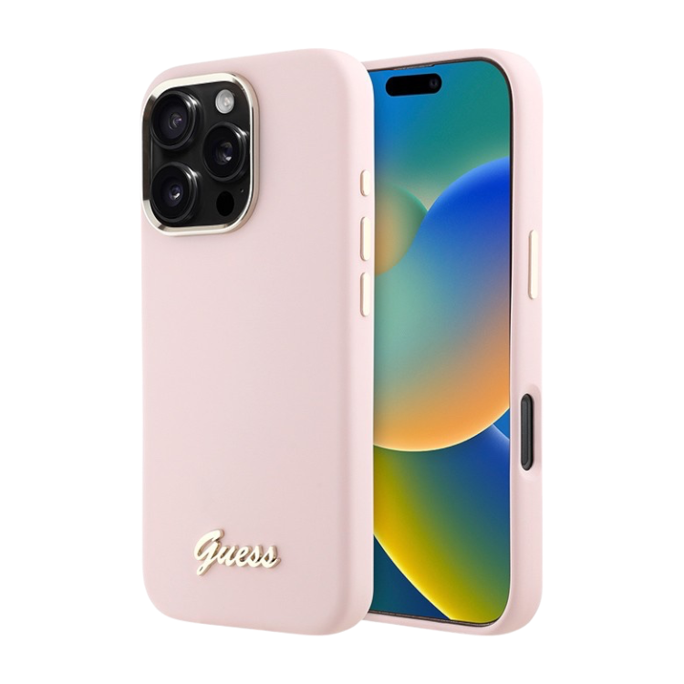 Чехол для iPhone Guess Liquid silicone Gold metal logo & Camera frame Hard Pink