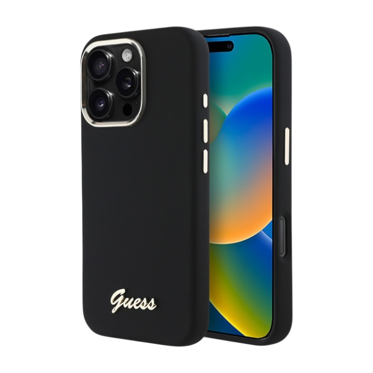 Чехол для iPhone Guess Liquid silicone Gold metal logo & Camera frame Hard Black