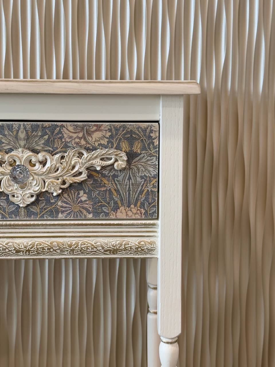 Ivory Console Table with floral sisal and golden accents