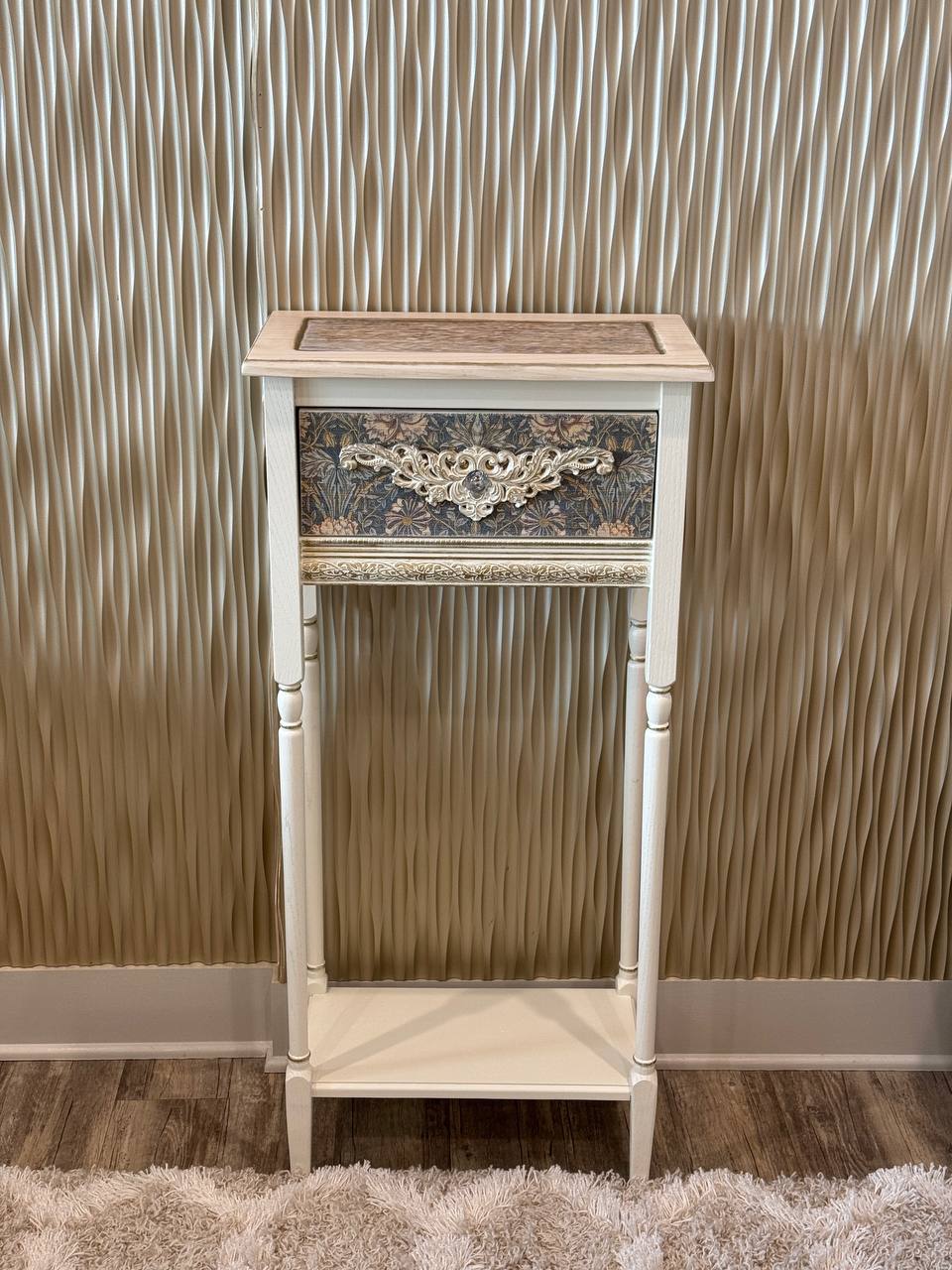 Ivory Console Table with floral sisal and golden accents