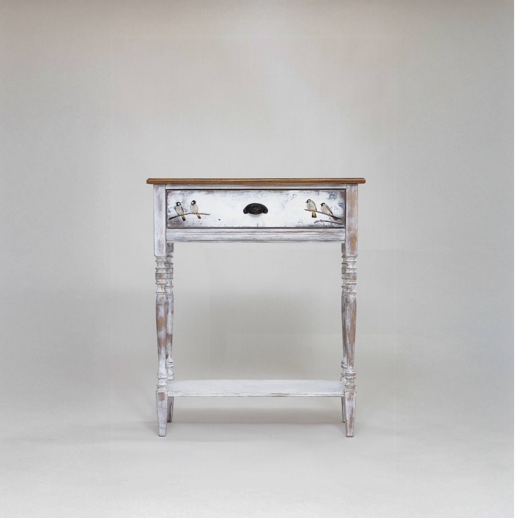 One-of-a-Kind Hand-Painted Bird Console Table in Whitewashed Finish