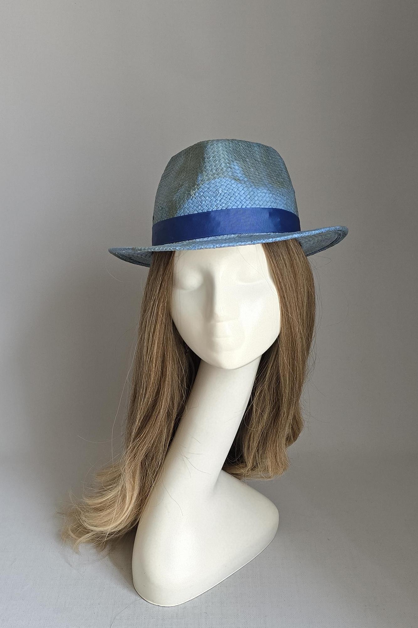 Шляпа федора соломенная. Цвет микс голубой-болотный