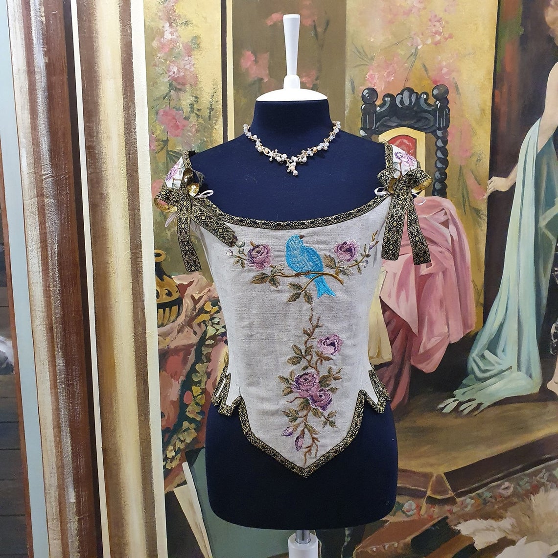 Корсет "Птица и Розы"  из Льна
