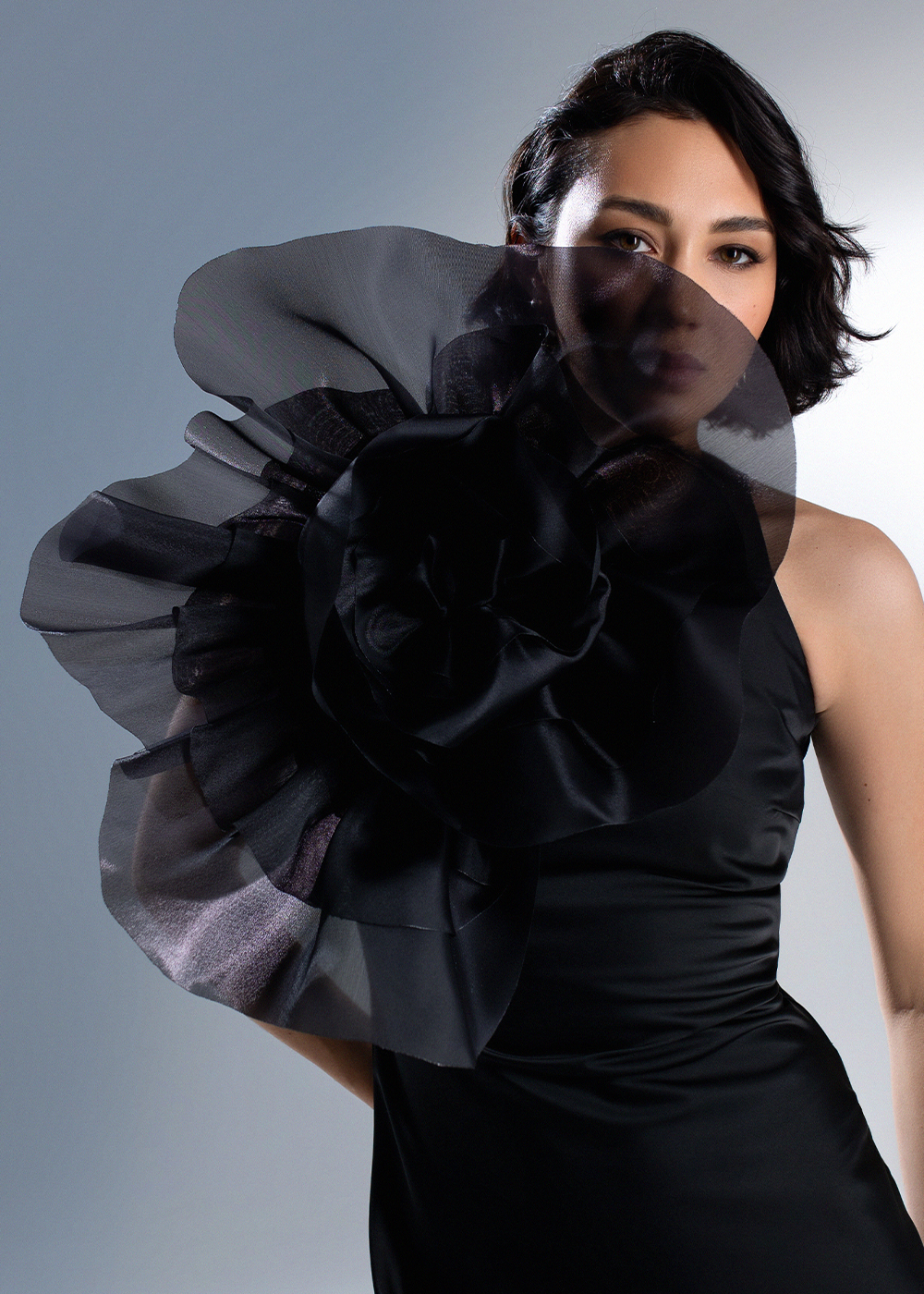 Brooch-transformer of black organza
