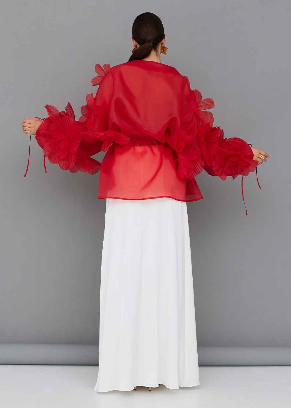 Blouse with peonies red