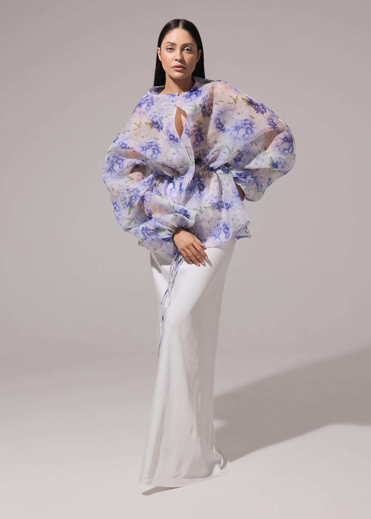 Blouse with flower print, blue peonies