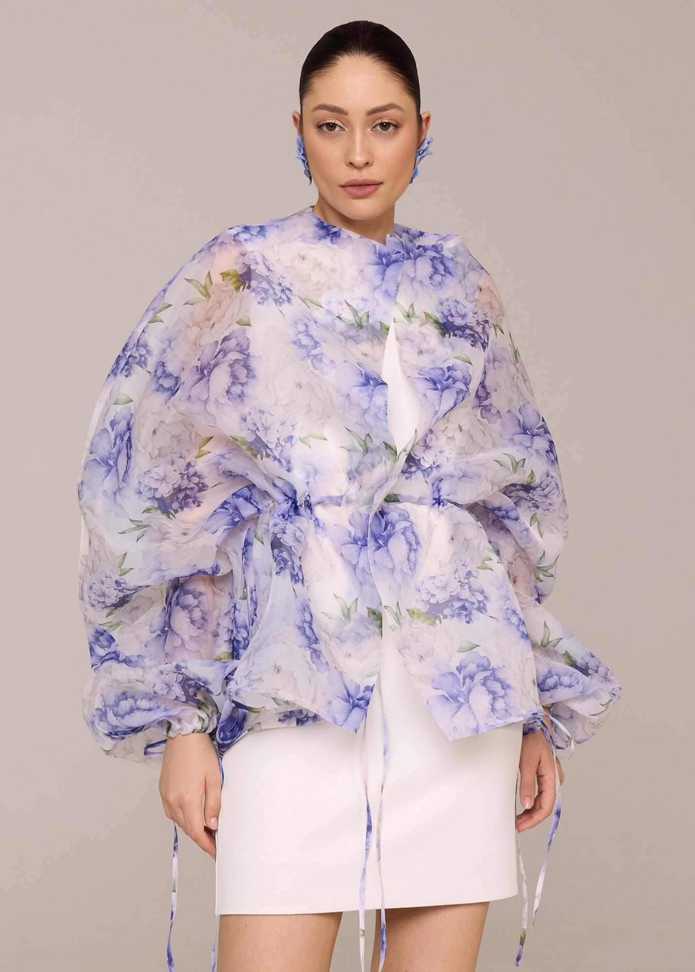 Blouse with flower print, blue peonies