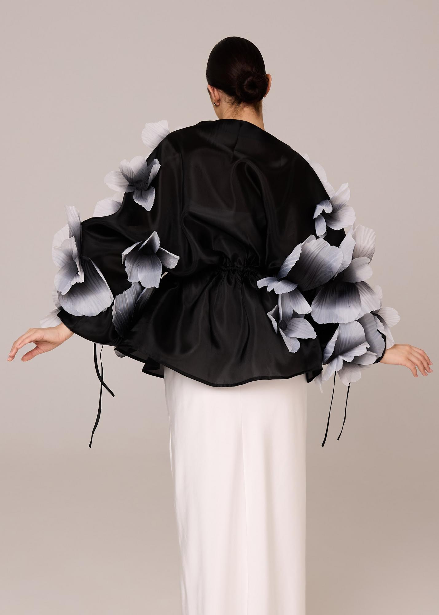 Blouse with peonies, black and white