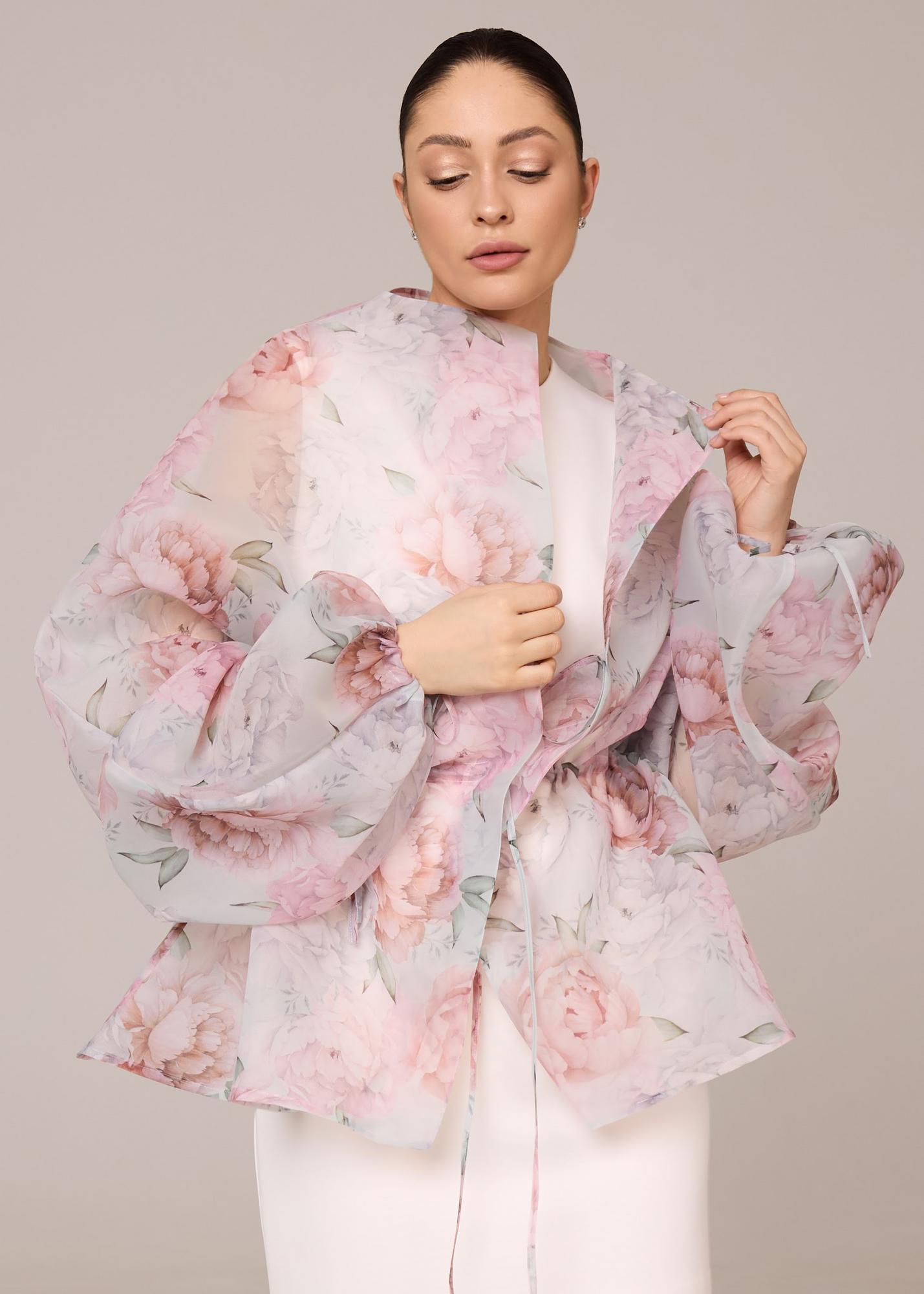 Blouse with flower print, pink peonies