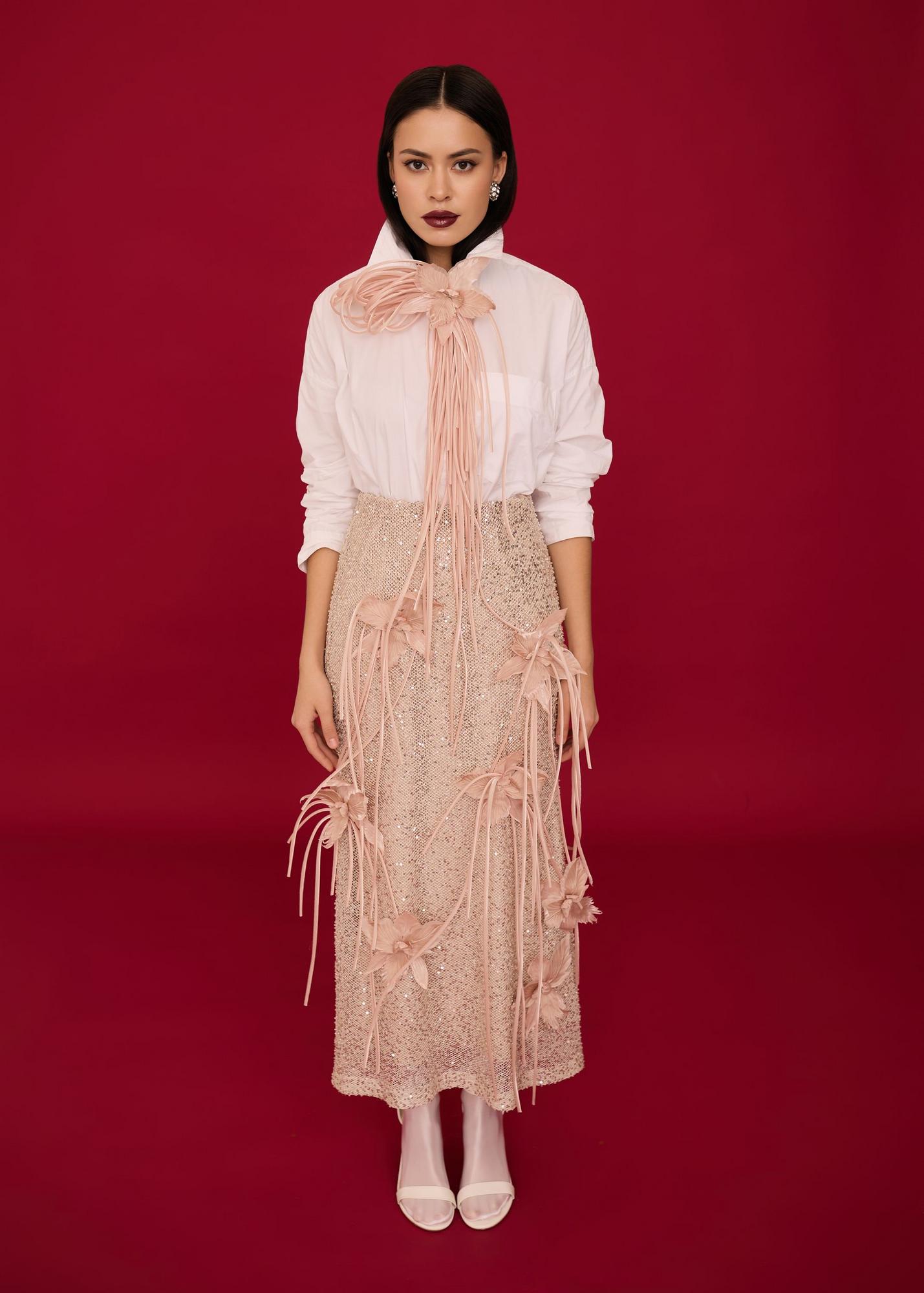 Skirt midi with sequins and orchids, beige