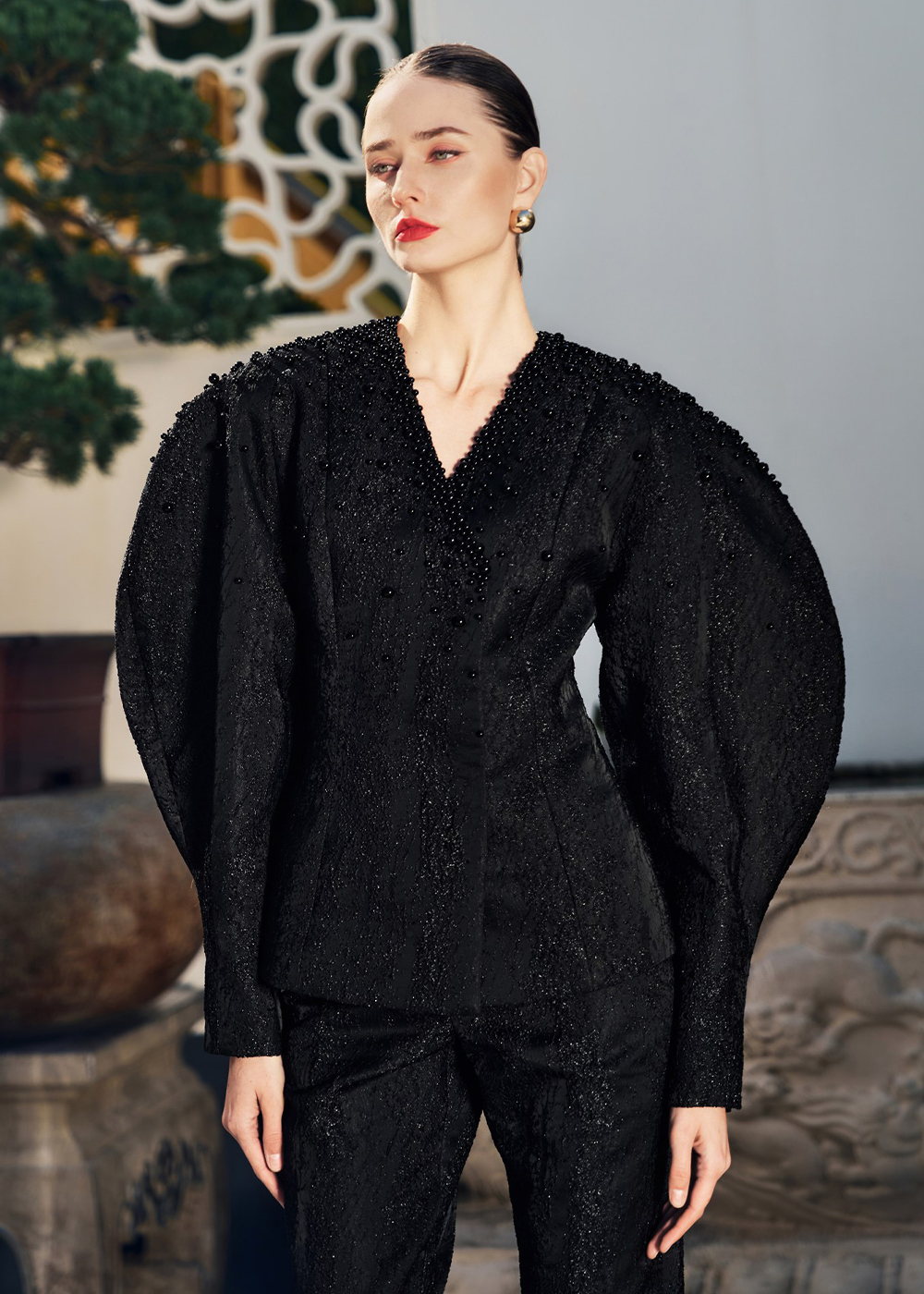 Jacket of jacquard with beads, black