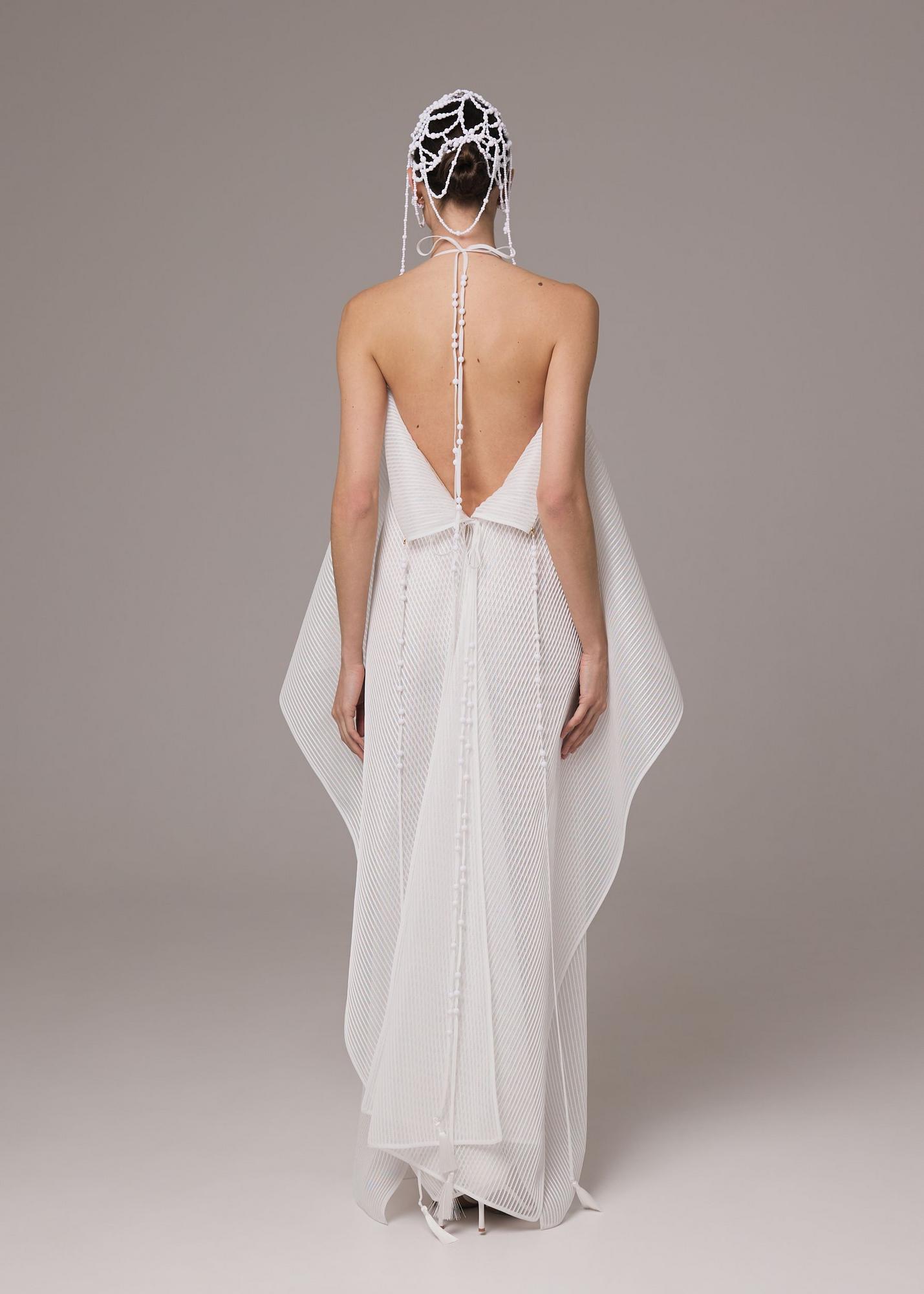 Dress of textured mesh, milky