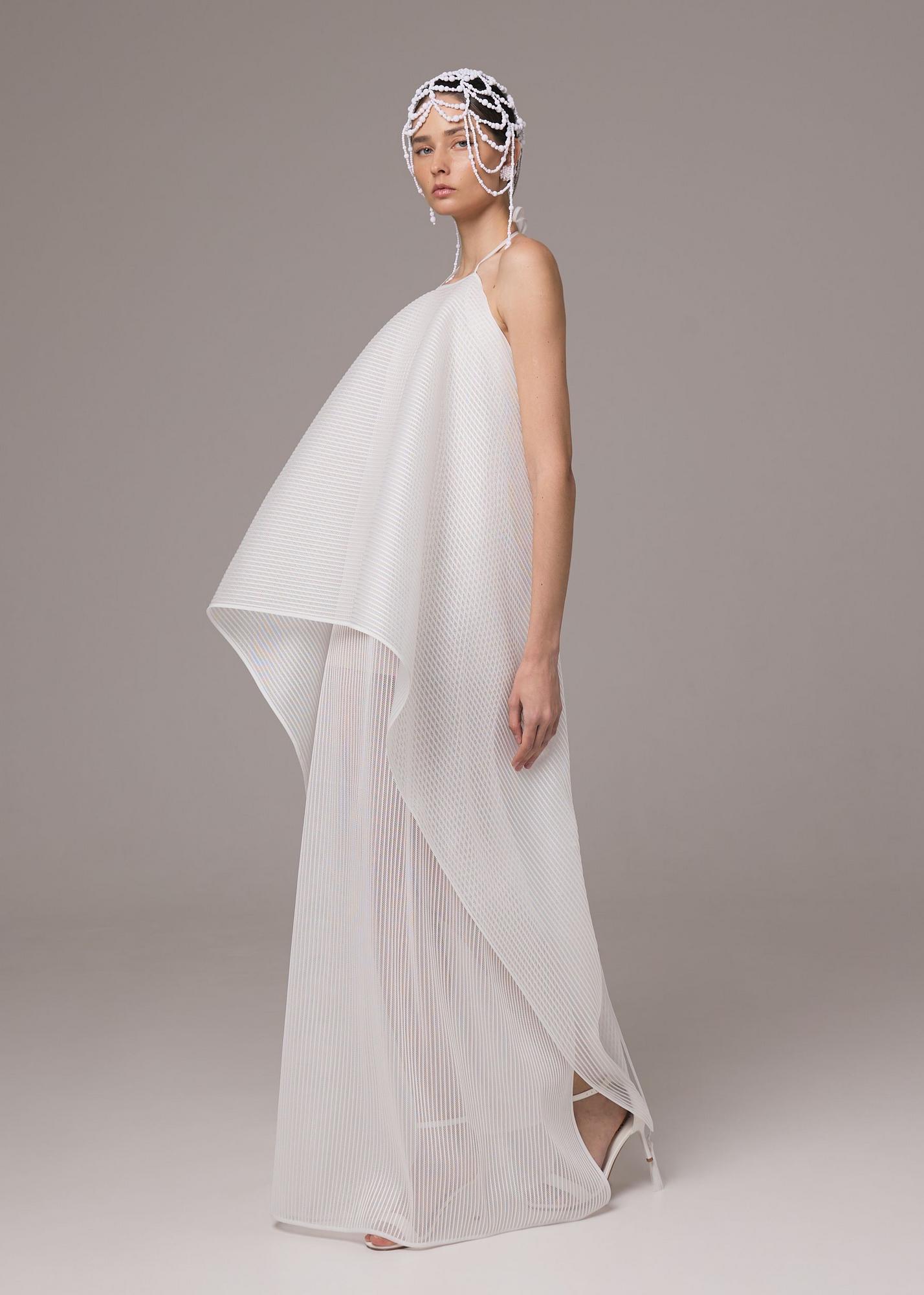 Dress of textured mesh, milky