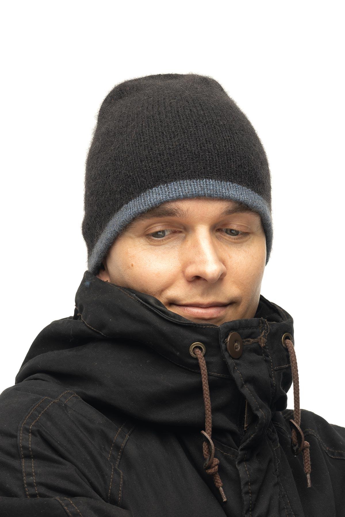 Шапка мужская двойная вязаная, цвет черный/голубая сталь | БОТАНИКА
