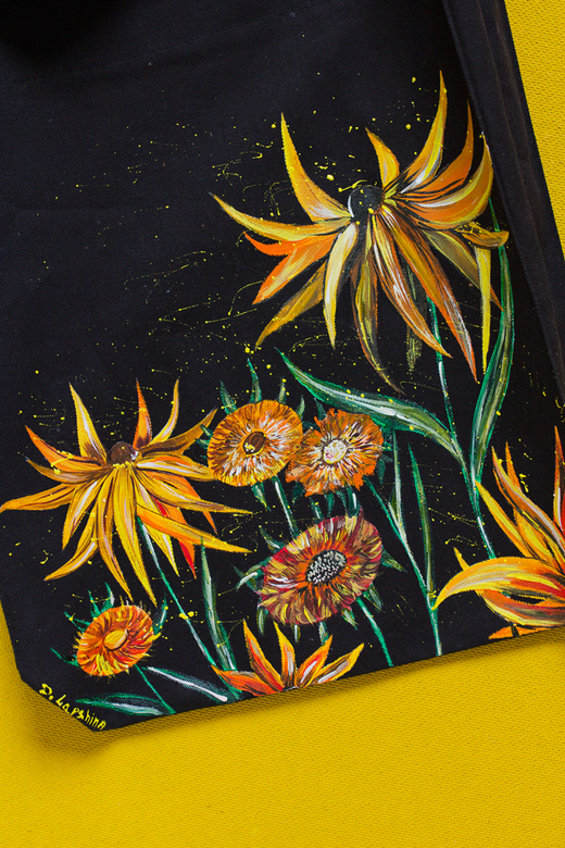 Черная сумка - шоппер с росписью - Подсолнухи Ван Гога