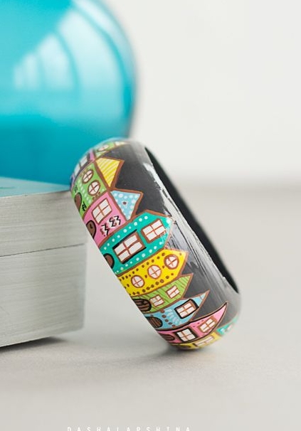 Браслет с росписью "Домики" - серый