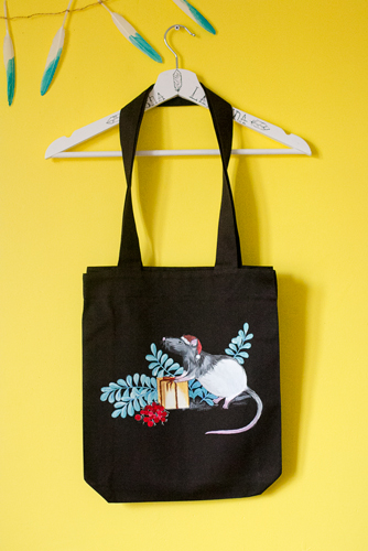 Черная сумка - шоппер с росписью - Новогодняя крыска