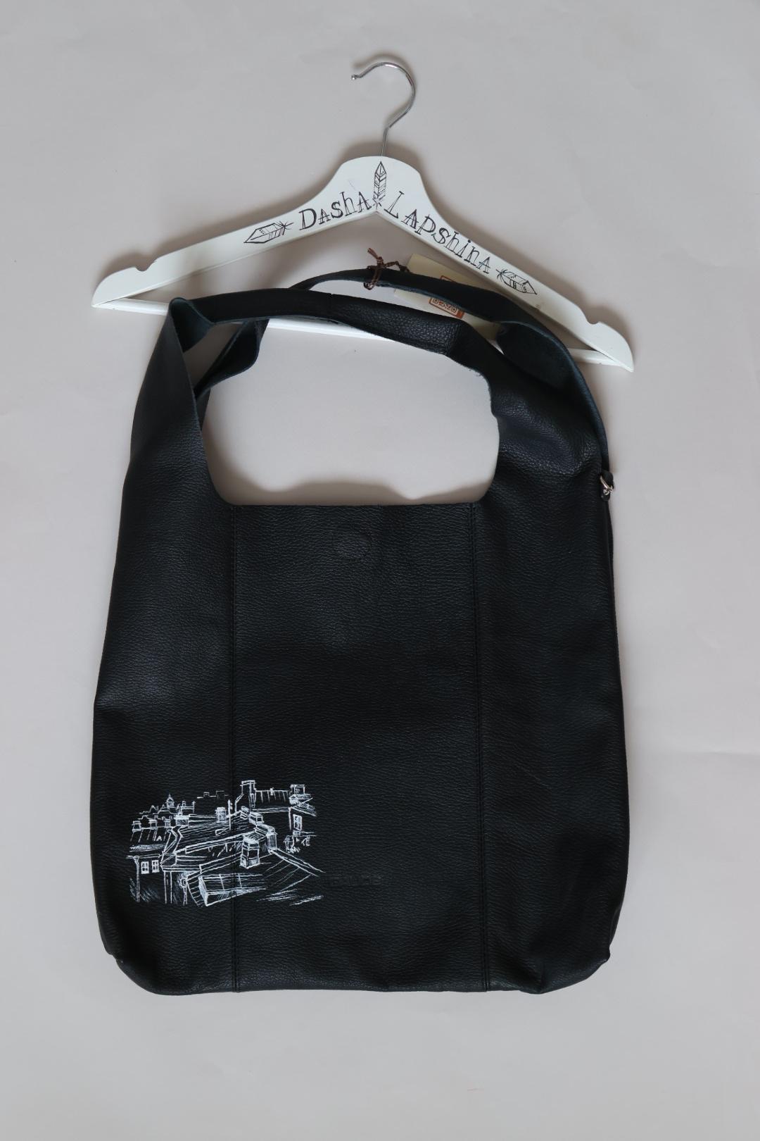 Сумка - шоппер чёрная из кожи с росписью - Санкт-Петербург